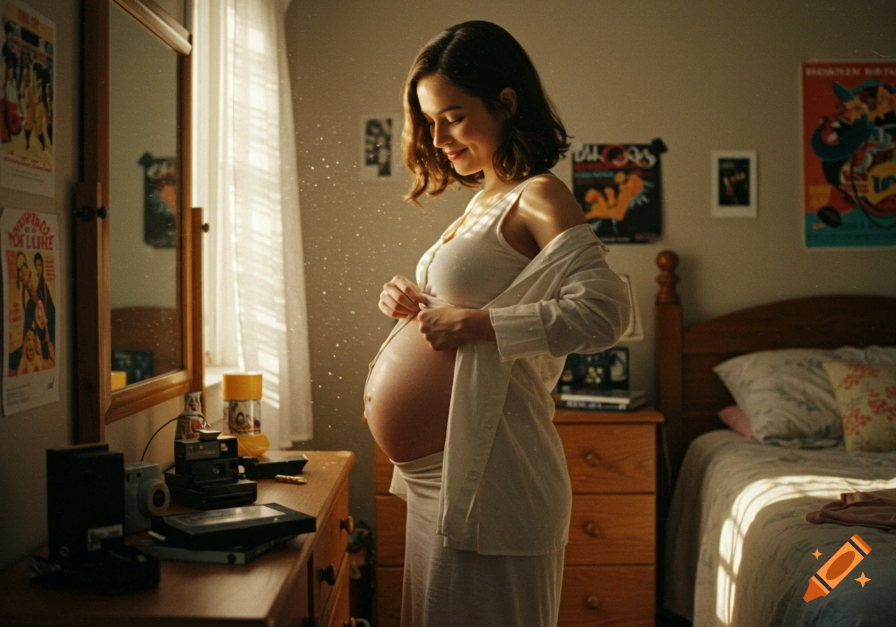 Pregnant woman in a sunlit bedroom adjusting her white shirt over her baby bump, captured in a 90s style photo.