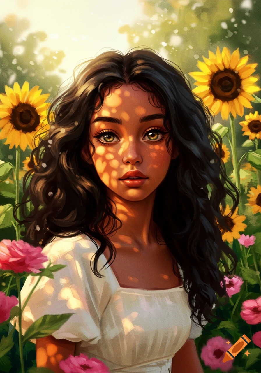 Stylized digital painting of a girl with dark curly hair and green eyes, bathed in dappled sunlight among sunflowers and roses.