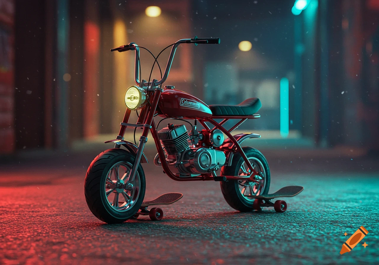 A stylized red minibike with chrome accents, sitting on two skateboards on a wet street, illuminated by red and blue neon lights in an urban alley.