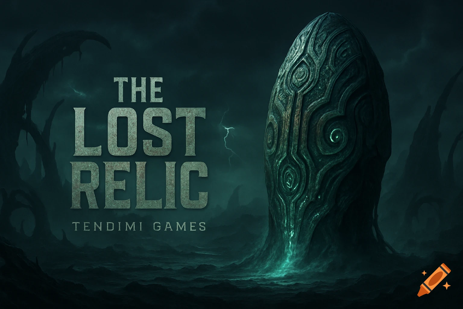Dark, eerie title screen for 'The Lost Relic' with a glowing, ancient alien relic and stormy landscape.