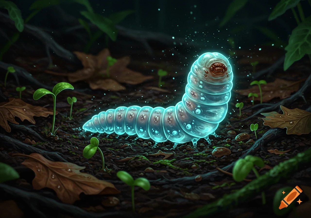 A glowing, translucent blue-green worm-like creature with brown eyes on dark soil surrounded by small green plants and leaves. Stylized and fantastical.