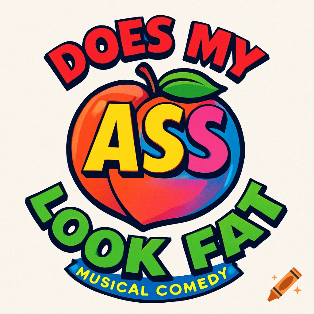 A vibrant, cartoon-style logo for 'Does My Ass Look Fat Musical Comedy', featuring a large peach and bold colorful text.