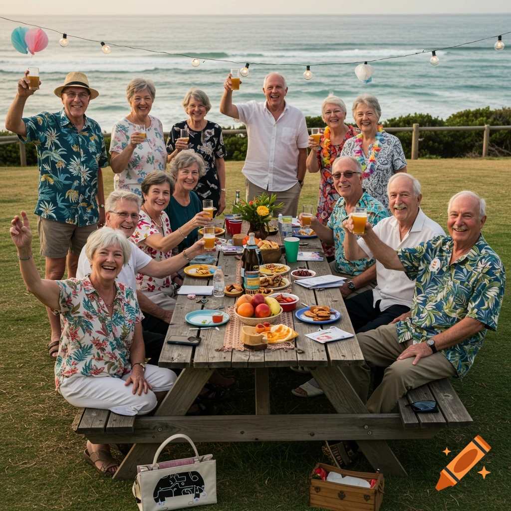 A group of cheerful seniors having a picnic at a long wooden table by the ocean at sunset, raising their drinks in a toast.