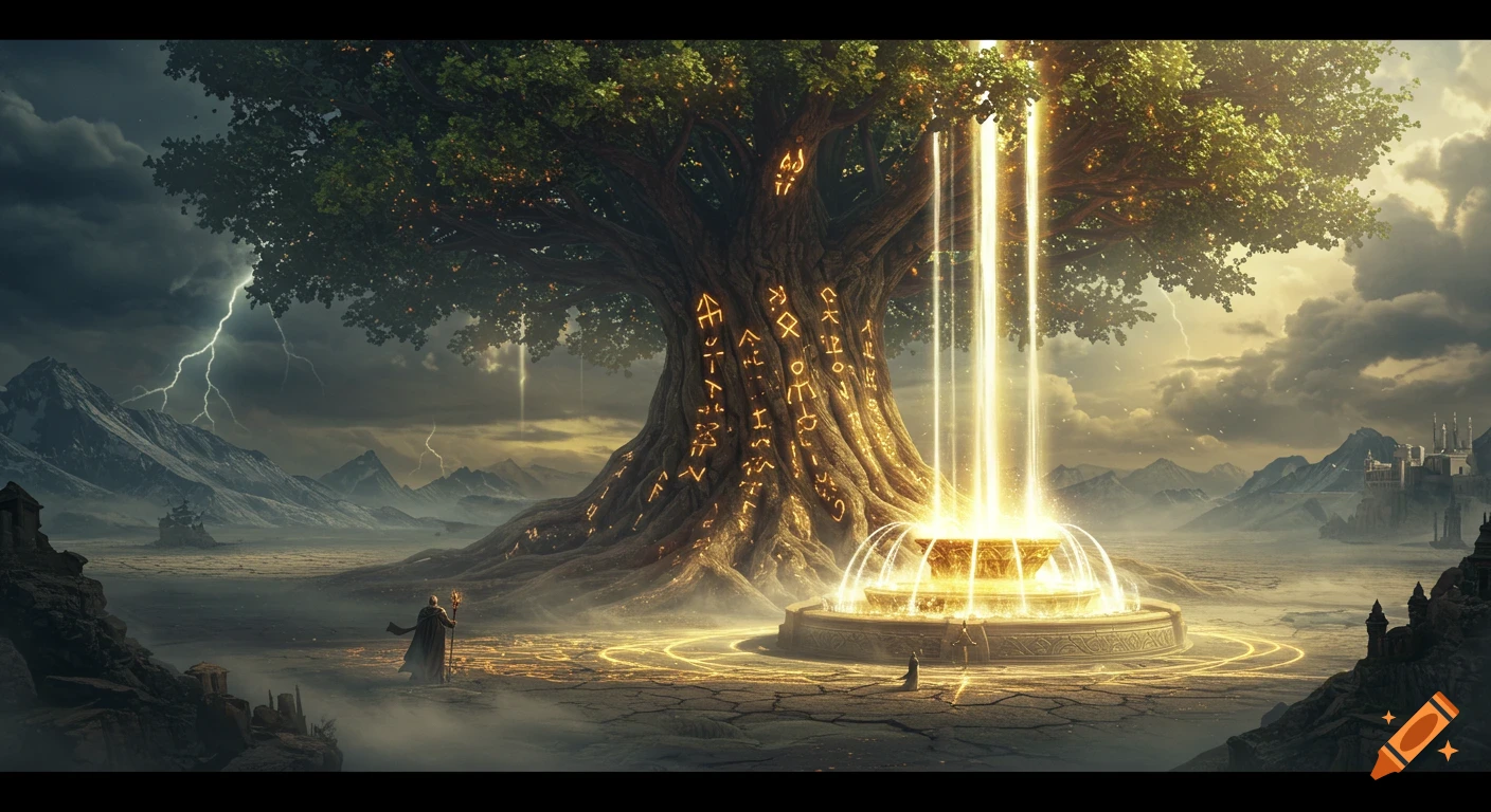 A colossal tree with glowing runes and a radiant fountain in a desolate landscape with stormy skies and mountains, bathed in golden light.