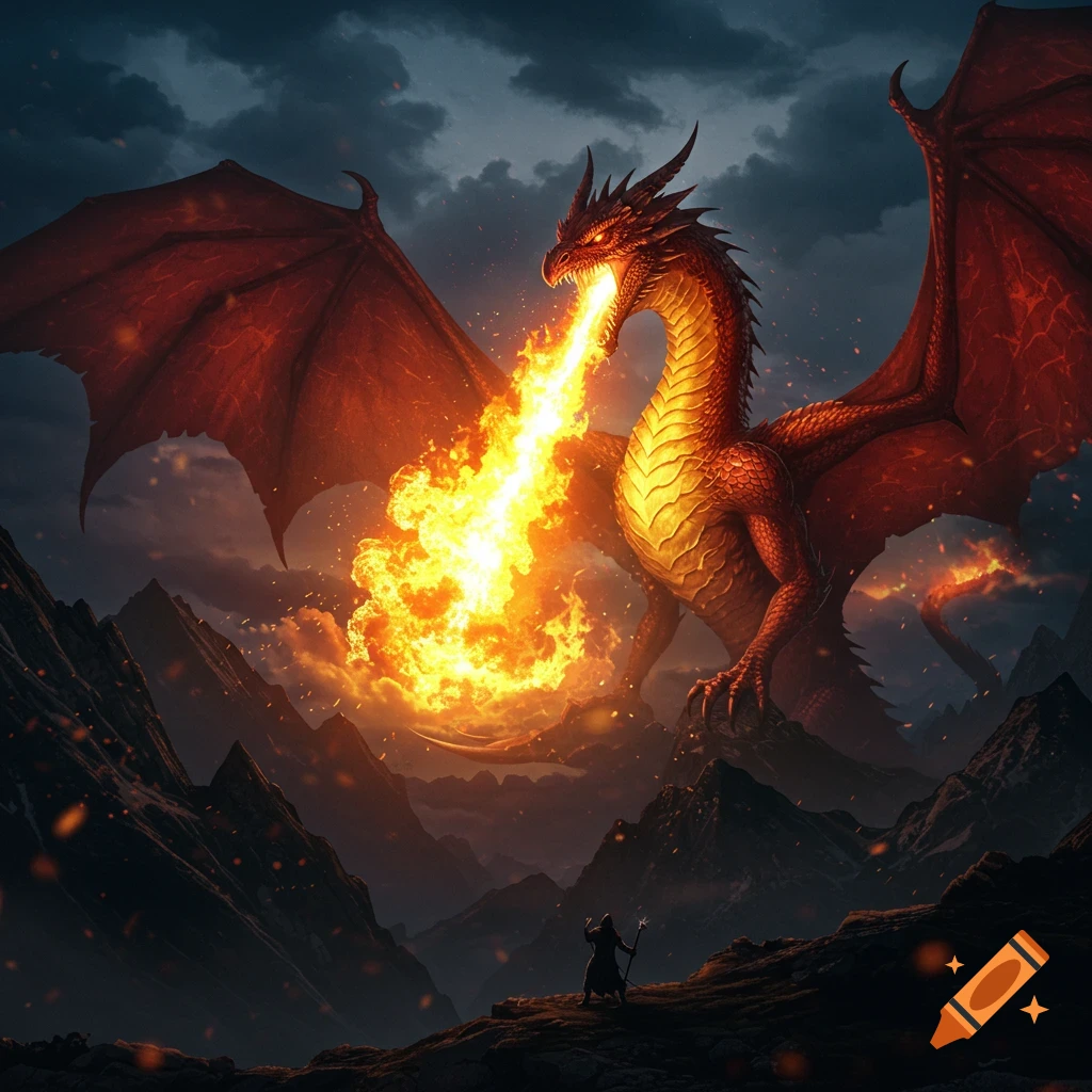A powerful red dragon breathes fire down on a lone wizard standing on a peak in a dark, stormy mountain landscape, high fantasy art.