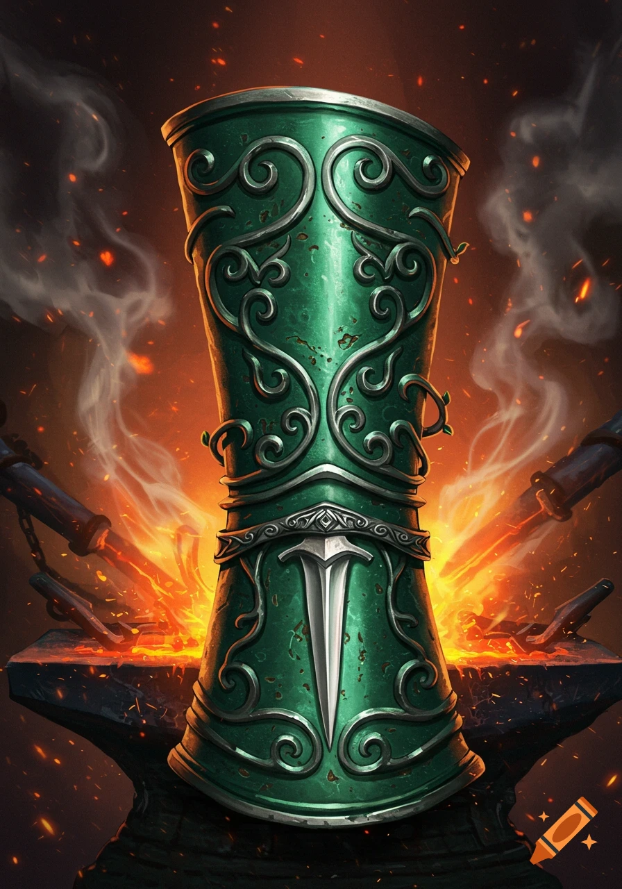 A richly detailed green gauntlet with a silver dagger emblem is being forged on an anvil, surrounded by sparks and smoke.