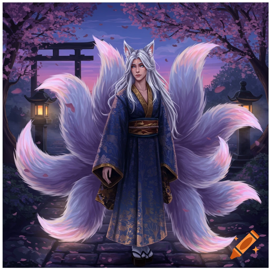 A white-haired kitsune with nine fluffy purple tails in a blue kimono stands on a stone path under cherry blossoms with a torii gate.
