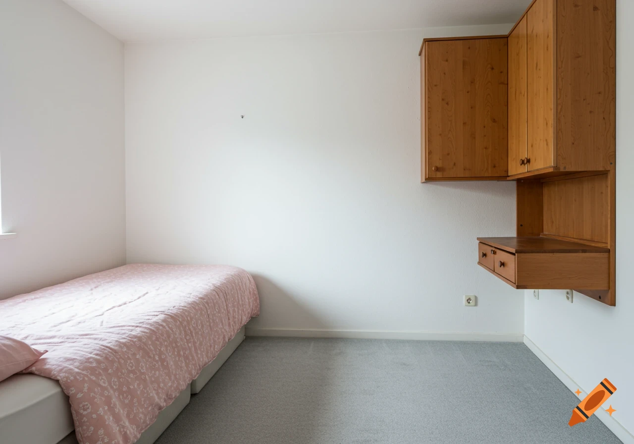 A small, tidy bedroom with a single bed, pink duvet, light grey carpet, white walls, and L-shaped wooden wall-mounted cabinets and desk.