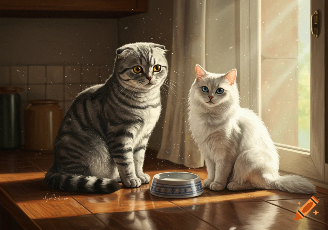 A gray striped Scottish fold cat and a fluffy white cat sit on a wooden counter next to a bowl of milk, bathed in sunlight from a nearby window.