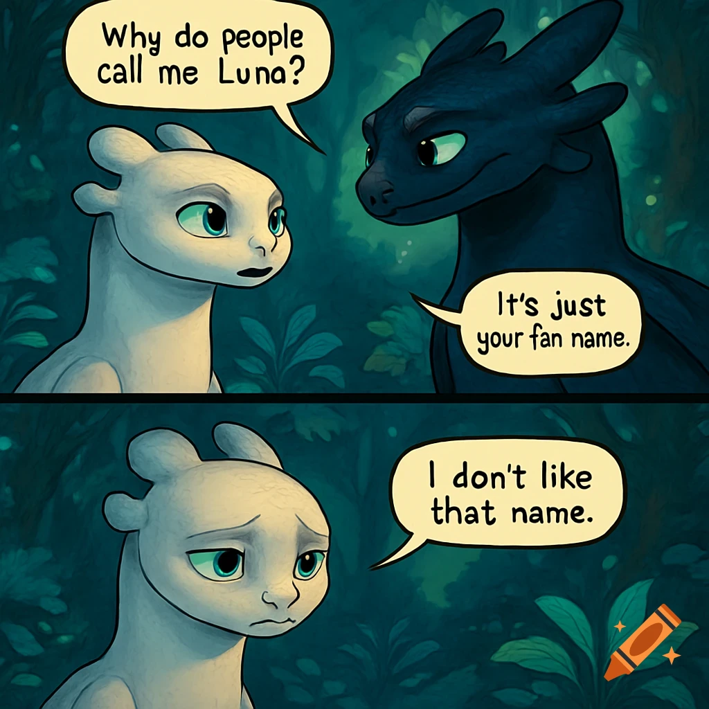 A two-panel cartoon comic of Light Fury and Night Fury dragons talking. The Light Fury asks 'Why do people call me Luna?' and later says 'I don't like that name.'