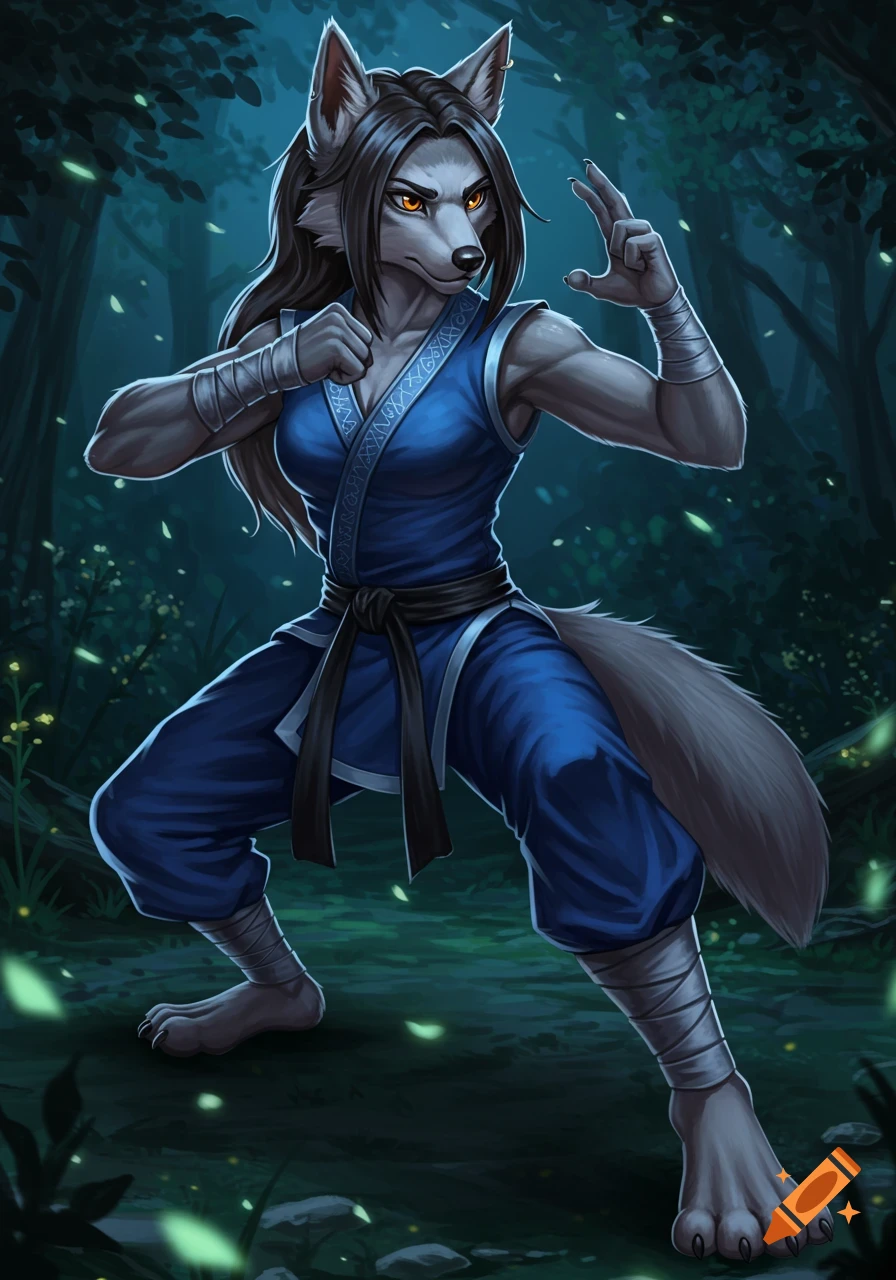 A fierce wolf girl martial artist in a blue gi strikes a dynamic pose in a mystical, glowing forest.