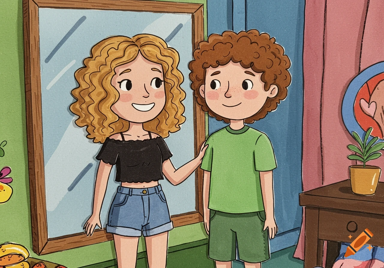 A cheerful cartoon illustration of a curly-haired girl and boy smiling in front of a mirror in a room.