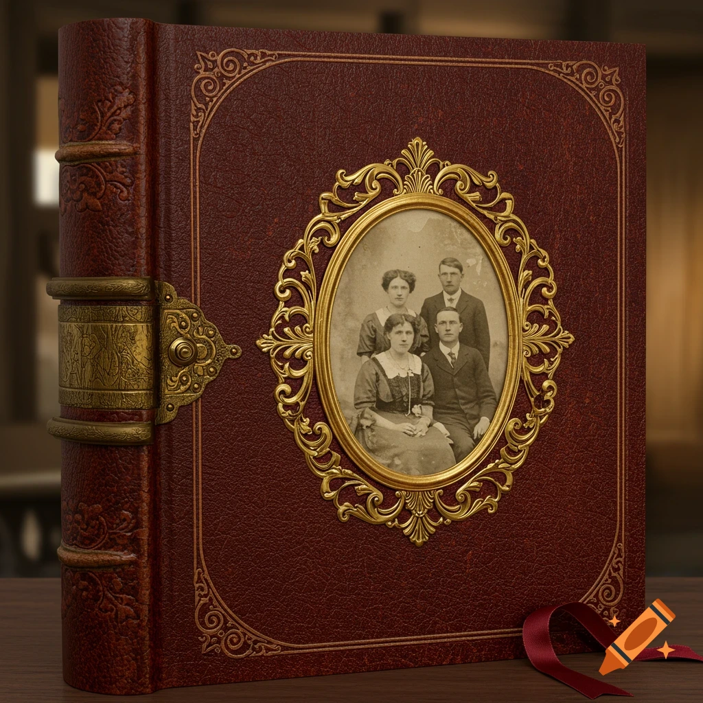 A vintage red leather photo album with ornate gold trim, featuring an oval sepia-toned family portrait.