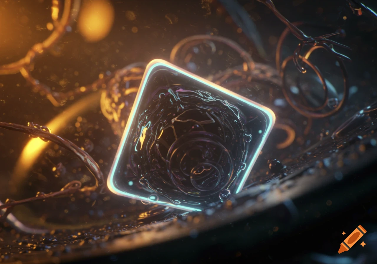 A surreal abstract image of a glowing square filled with fluid patterns, surrounded by dark, twisted elements and golden light.