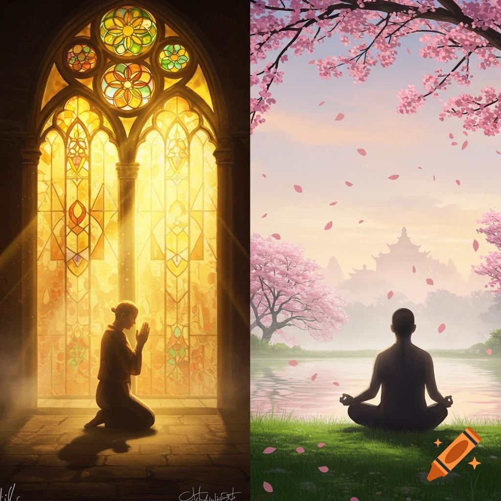 A split image of a person praying before a vibrant stained glass window and another meditating by a cherry blossom lake under a pink sky.