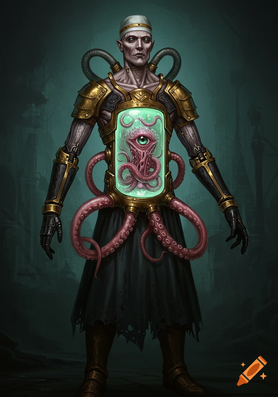 A grim dark fantasy illustration of a reanimated man with a glass tank in his chest containing a tentacled, eyed eldritch horror.