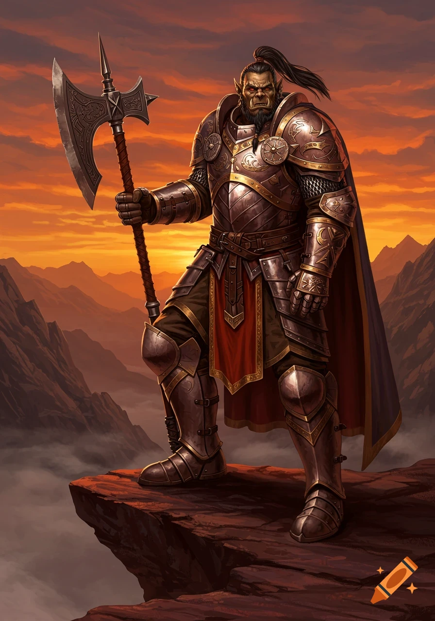 A half-orc paladin in ornate armor holding a battle-axe on a mountain cliff at sunset.
