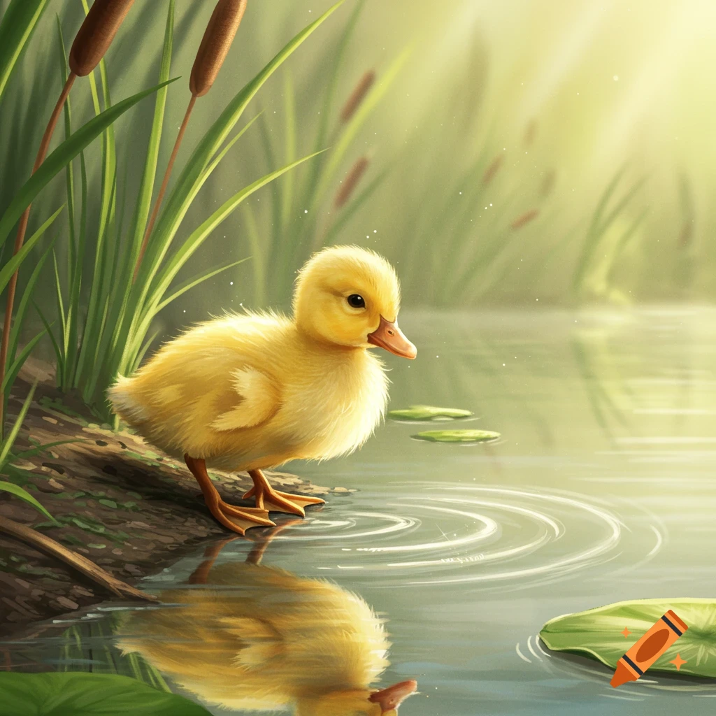 A fluffy yellow duckling stands by a serene pond with green reeds, its reflection visible in the water.