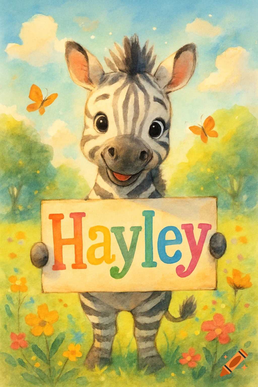 Cute watercolor baby zebra holds a sign with "Hayley" on it, surrounded by colorful flowers and butterflies under a blue sky.