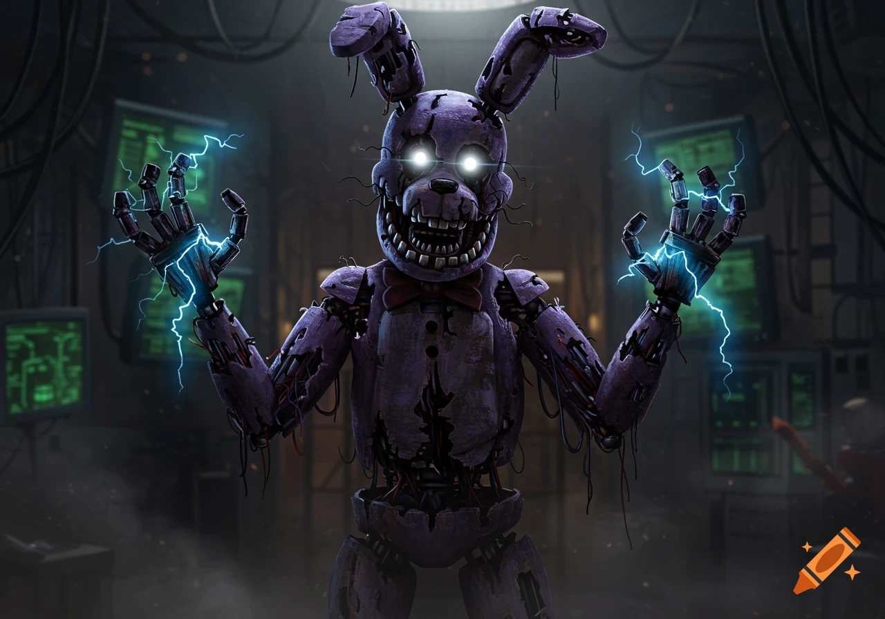 A terrifying purple animatronic rabbit with glowing white eyes, sharp teeth, exposed wires, and electricity emanating from its hands in a dark, tech-filled room.