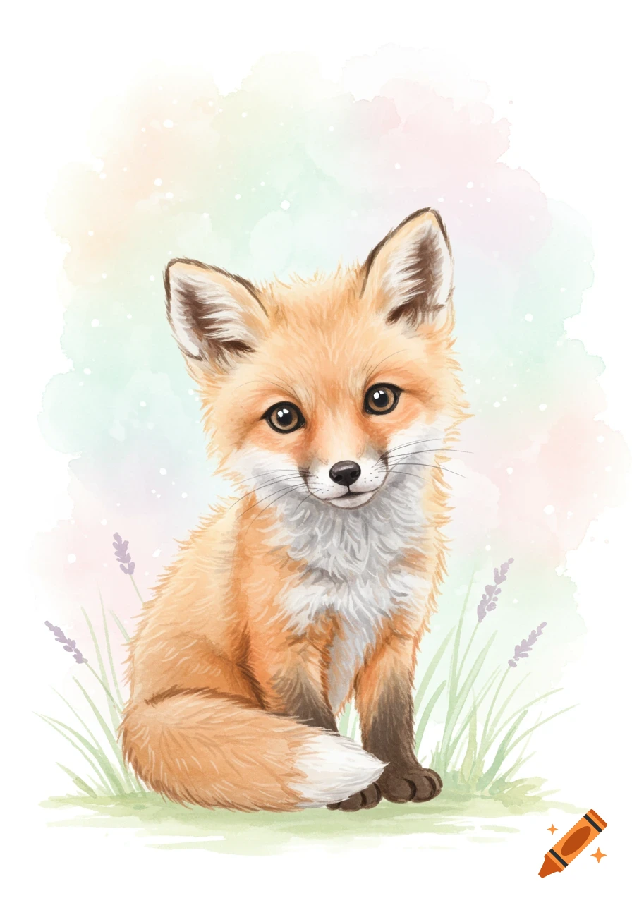 Cute baby fox watercolor illustration sitting in grass with a soft pastel background.