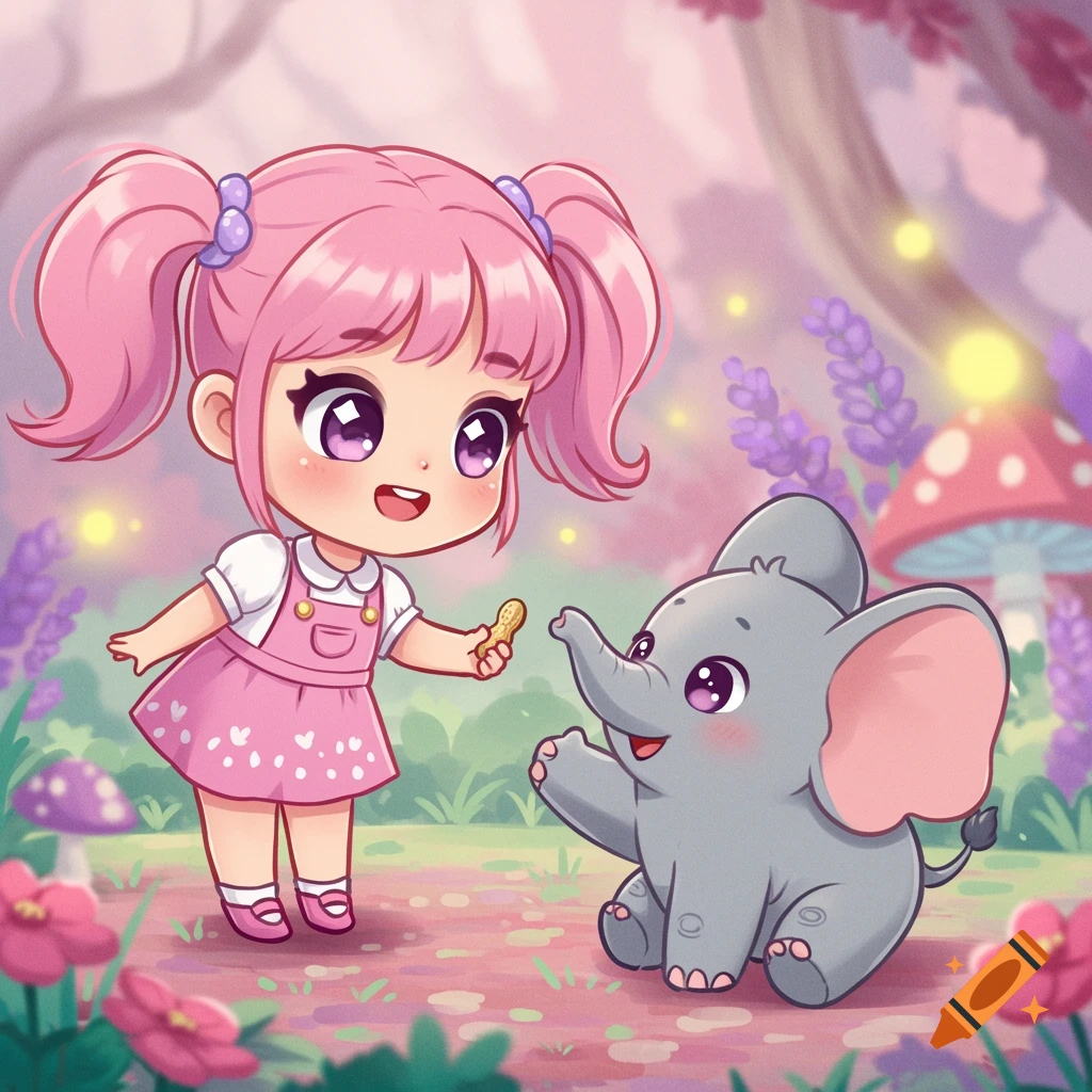 A pink-haired chibi girl in a pink dress feeds a peanut to a cute baby chibi elephant in a magical forest.