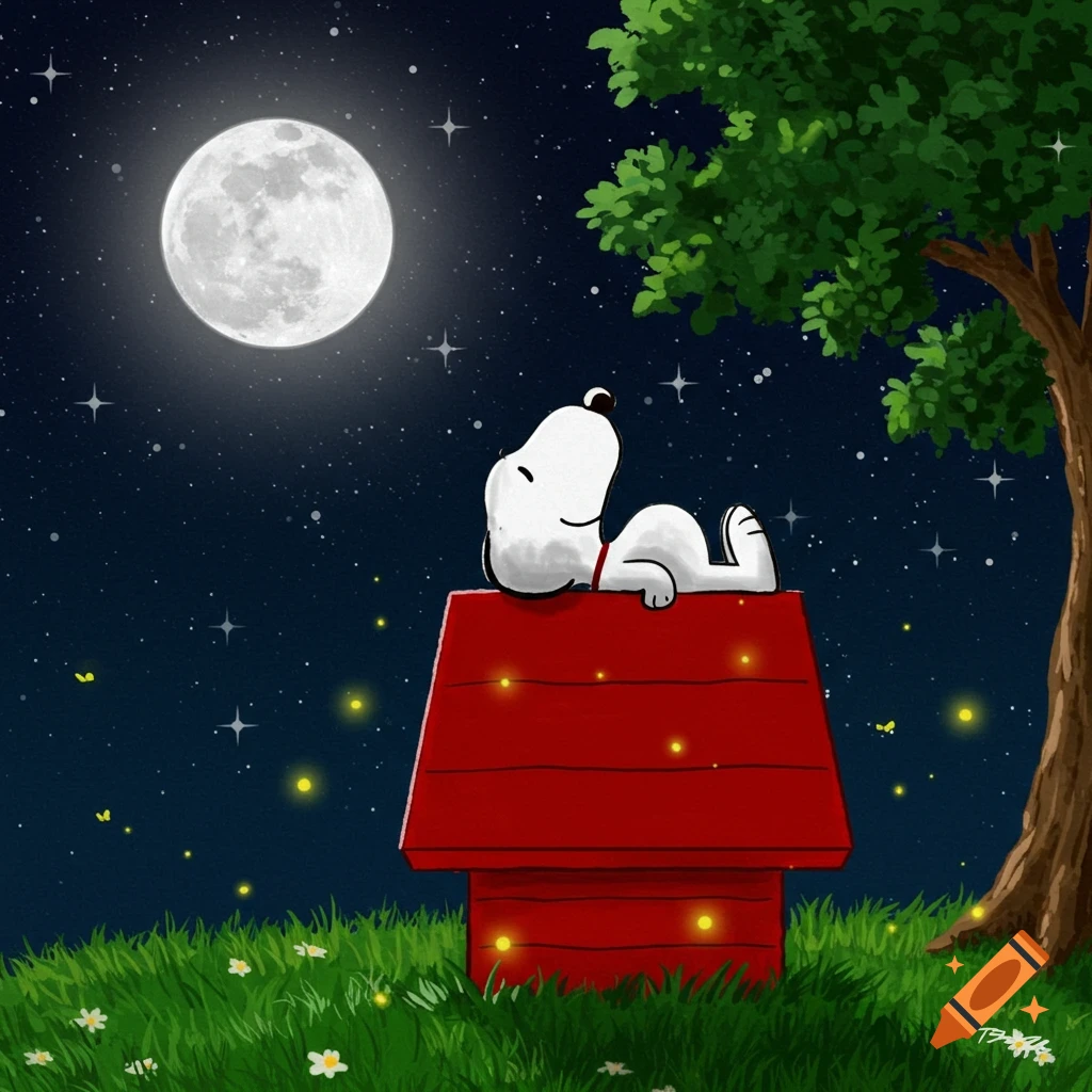 Snoopy lies on his red doghouse, looking up at a large full moon in a star-filled night sky, surrounded by fireflies and a tree.