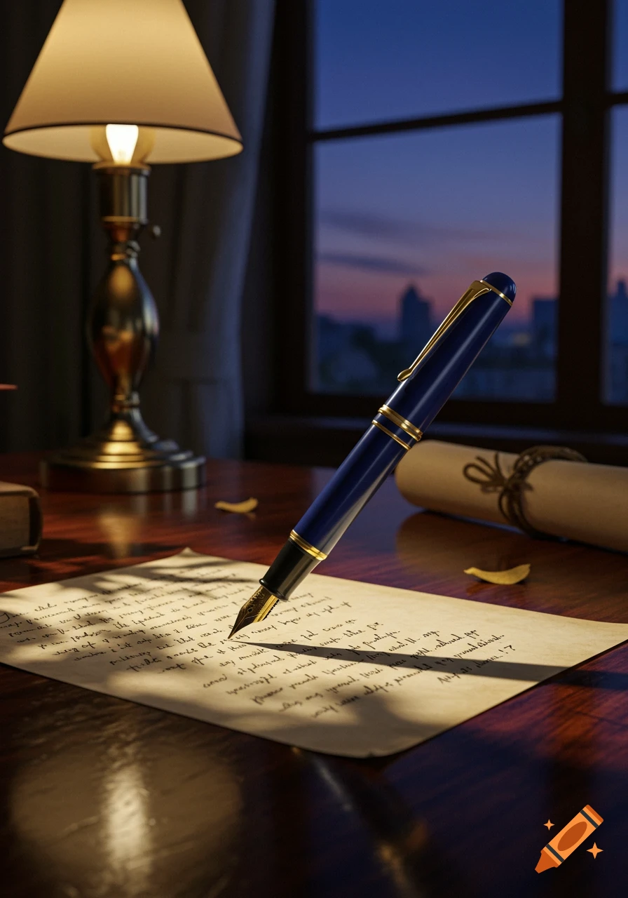 A blue fountain pen hovers over a piece of handwritten paper on a wooden desk, lit by a warm lamp, with a window showing a city at dusk.