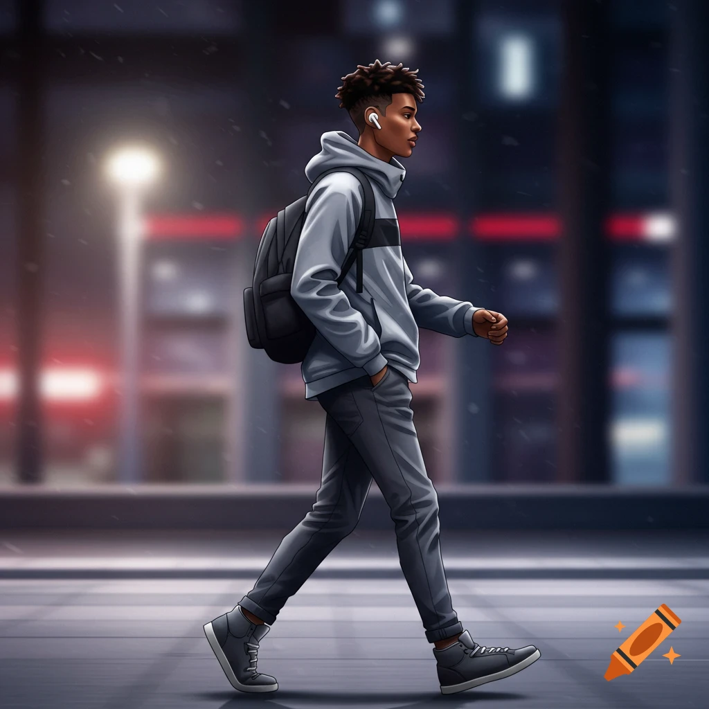 A stylized illustration of a young man with a hoodie and backpack walking in an urban setting at night, wearing earbuds.