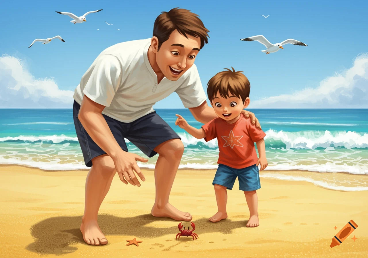 Illustration of a father and son on a sunny beach, smiling and looking at a small red crab in the sand, with seagulls flying.