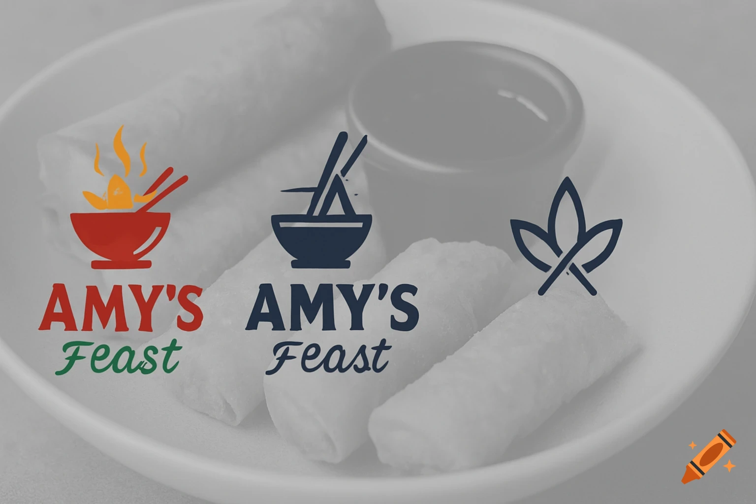 Three logo concepts for 'Amy's Feast' on a blurred background of spring rolls. Logos feature bowls with chopsticks.