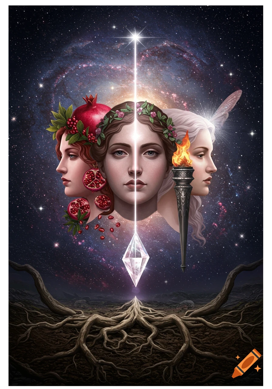 Surreal devotional art of three goddess faces (Persephone, Hecate, Psyche) emerging from a gem, connected by light to cosmic space and earthy roots.