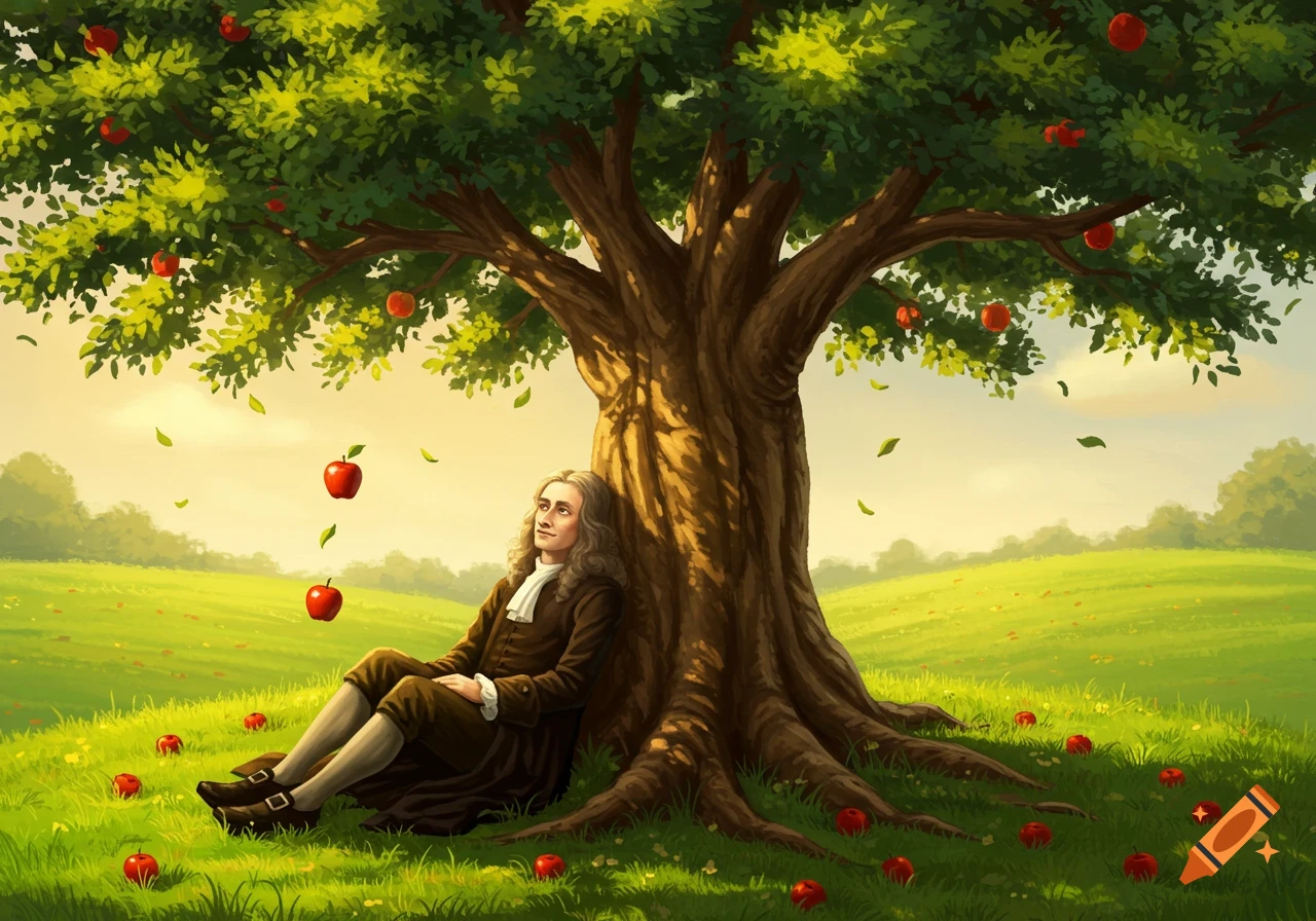 Illustration of Isaac Newton sitting under an apple tree, with apples falling around him, in a grassy field.