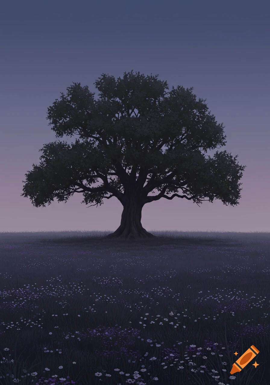 A large, dark tree stands in the middle of a field of purple and white flowers under a twilight sky.