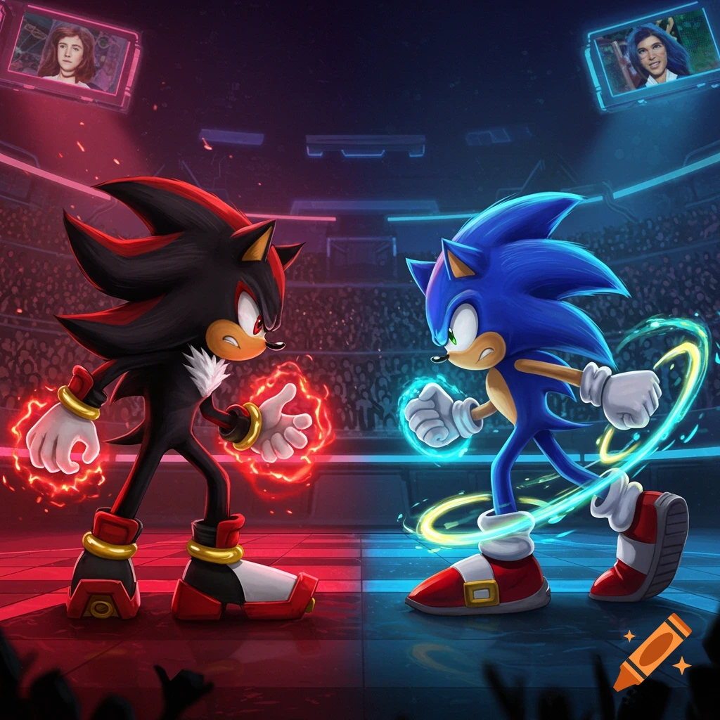 Sonic and Shadow, in a vibrant cartoon style, face off in a futuristic battle arena, ready for combat with glowing powers.
