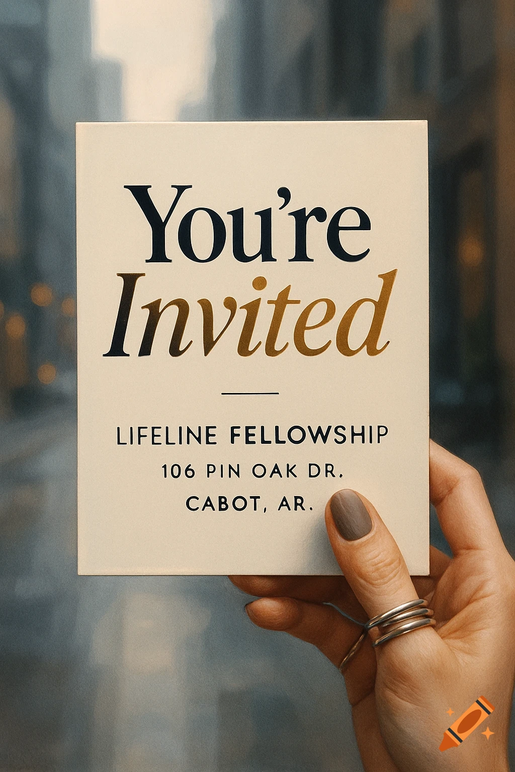 A hand holding a cream-colored invitation card that reads "You're Invited" in a modern font, with address details below.