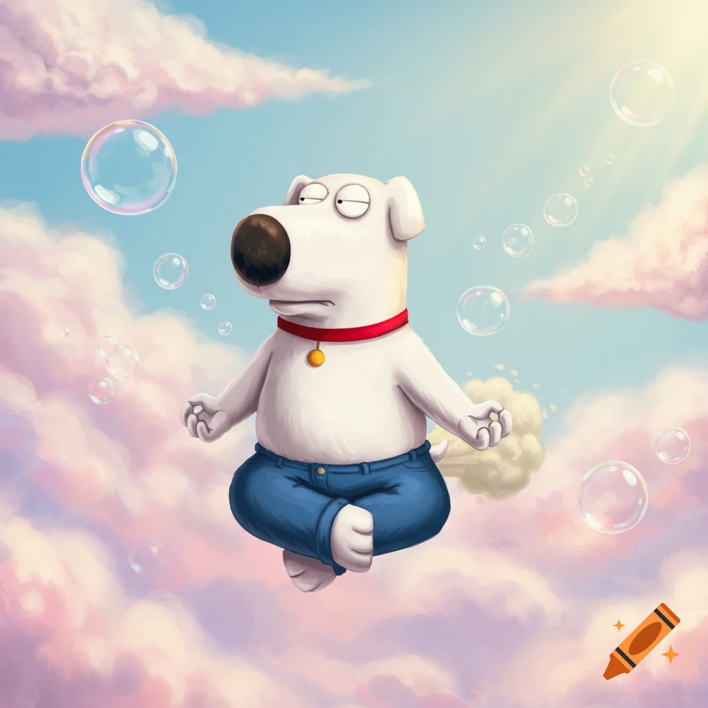 Cartoon dog Brian Griffin floats cross-legged in a meditative pose in a sunny, cloudy sky, with a fart cloud propelling him, surrounded by bubbles.