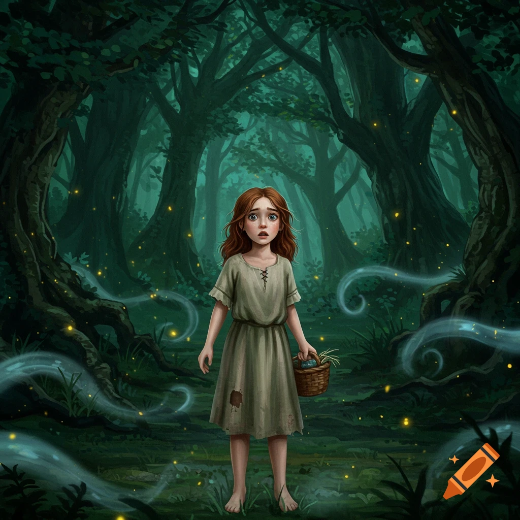 A young peasant girl with red hair stands scared and barefoot in a dark, magical forest with glowing lights and wisps, holding a basket.