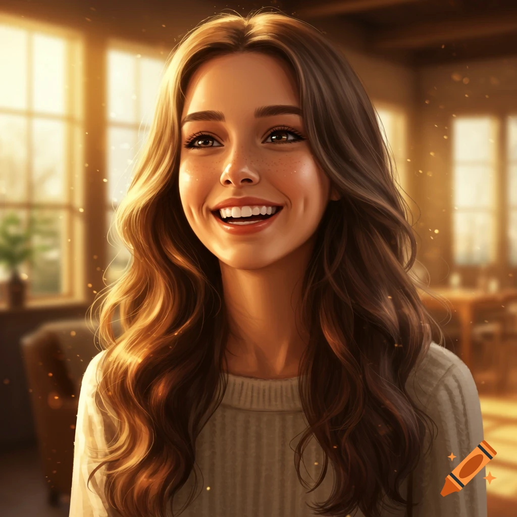 A young woman with long wavy brown hair and a bright smile, dimples, and freckles, in a sunlit room.