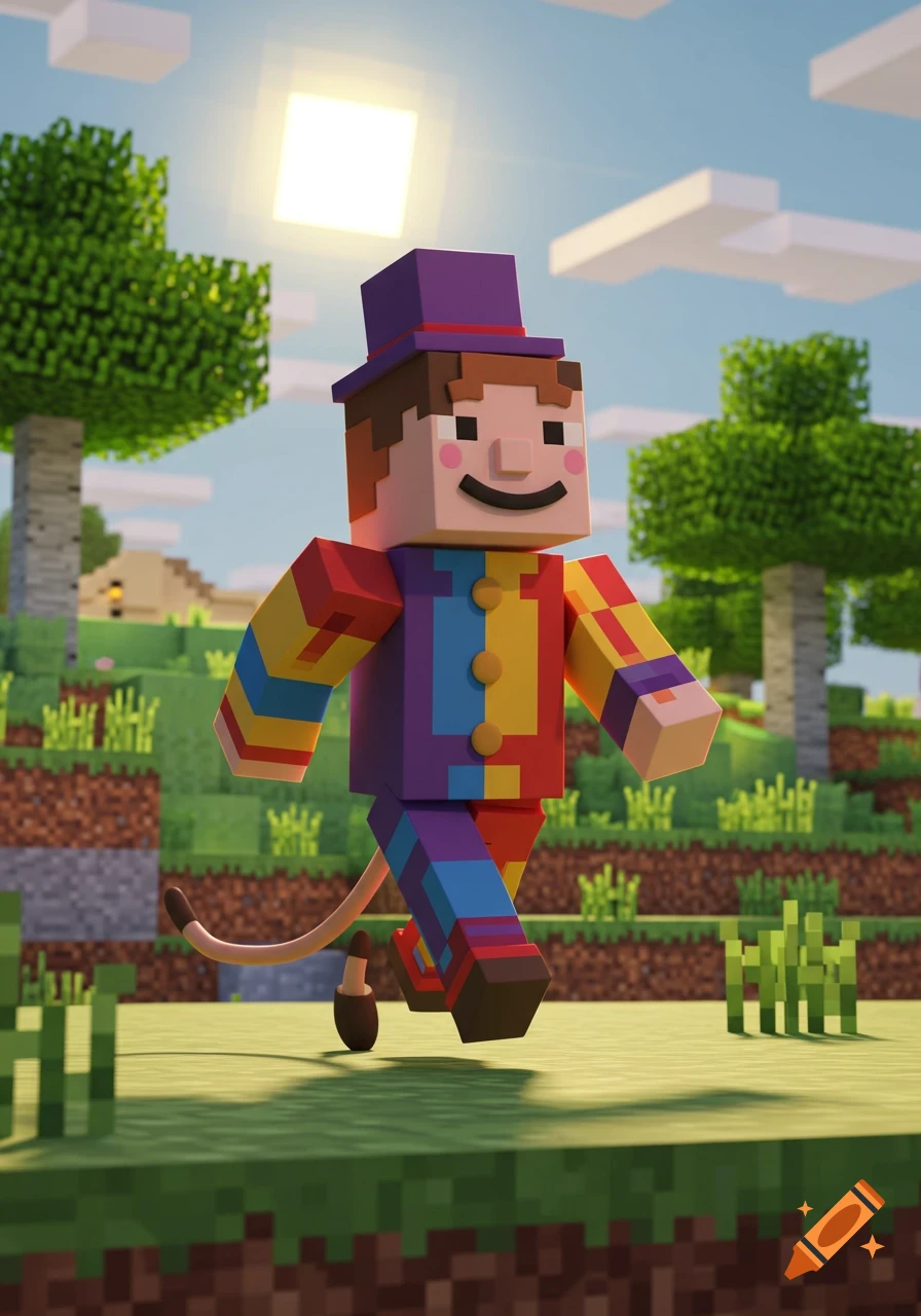 Colorful Minecraft character in a top hat and clown suit with a dragging third leg walks in a sunny, blocky landscape.