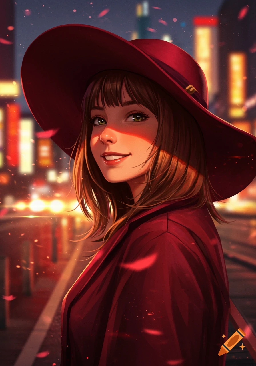 Smiling woman in a red hat and coat against a blurred urban night background, digital art.