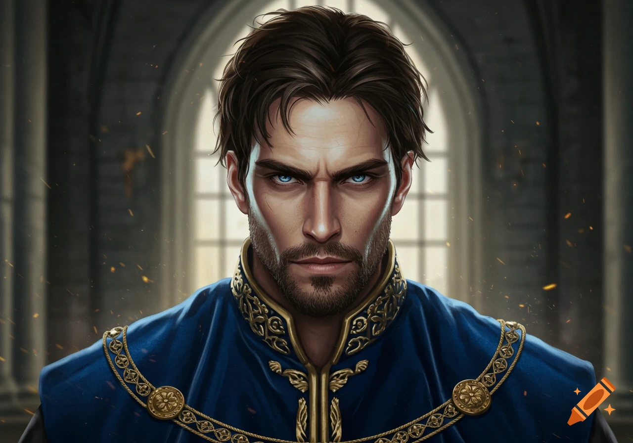 A stoic king with dark hair, stubble, and piercing blue eyes, wearing a detailed royal blue and gold tunic, against an arched window.