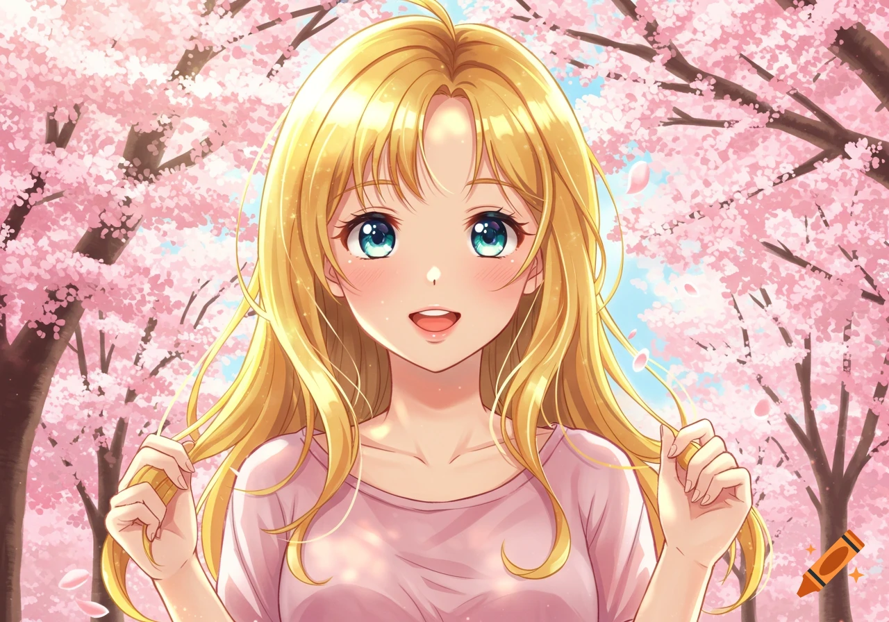 An anime girl with long blonde hair and bright blue eyes smiles while holding her hair in a cherry blossom forest.