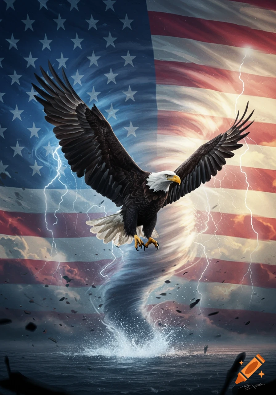 A bald eagle flies over a turbulent ocean with a tornado and lightning, set against an American flag.