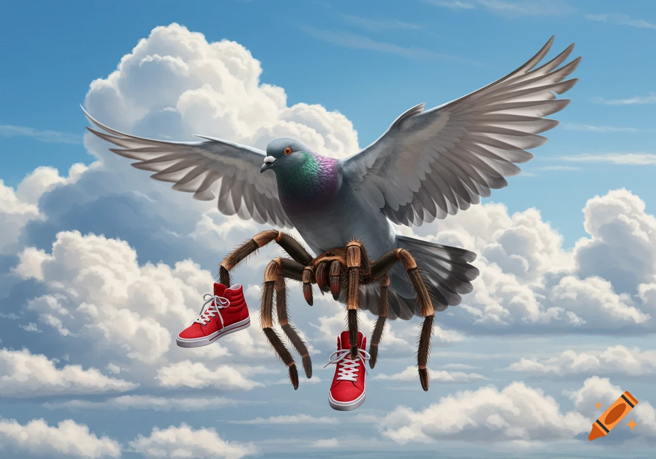 A large, semi-realistic pigeon with tarantula legs, wearing red high-top sneakers, flies through a bright blue sky with white clouds.