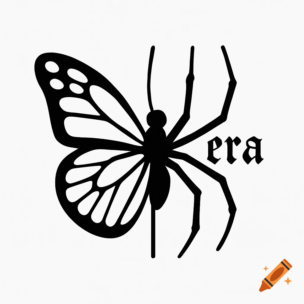 Black and white minimalist icon of a creature that is half butterfly, half spider, with the word 'era' on a leg.