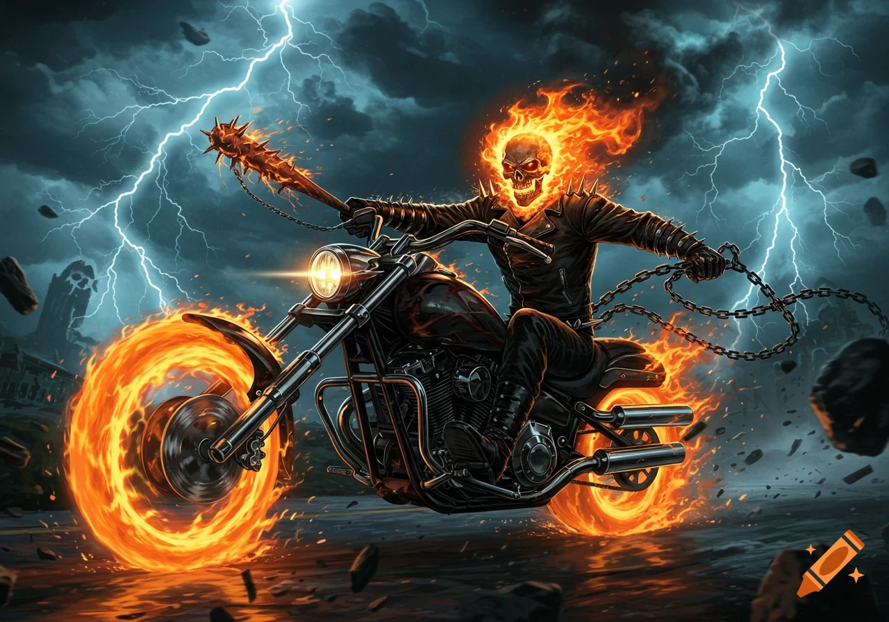 Ghost Rider on a motorcycle, head and wheels engulfed in flames against a  red background. on Craiyon, image size:1280x896