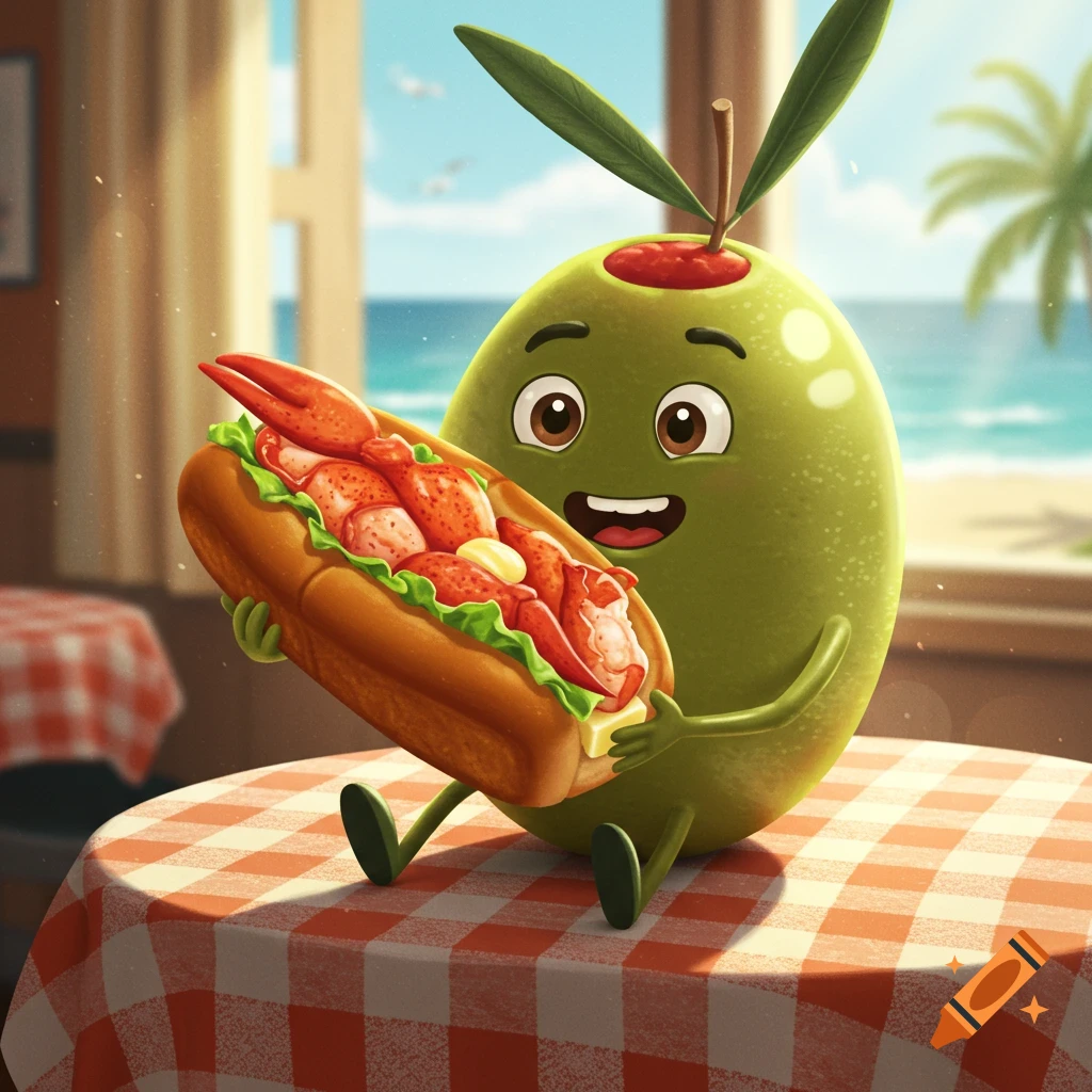 A happy cartoon olive with a pimento top sits at a checkered table, holding a lobster roll, with a beach resort in the background.