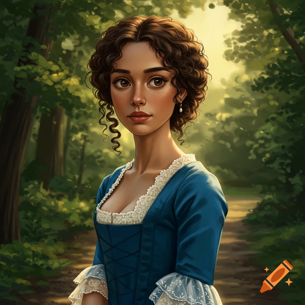A young woman with curly brown hair in a blue Georgian-era dress stands in a sunlit forest.