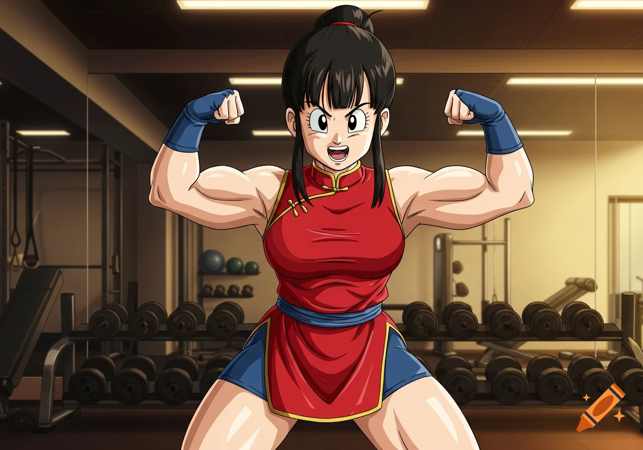 Dragon Ball Z anime character Chi-Chi flexing muscular arms in a gym.